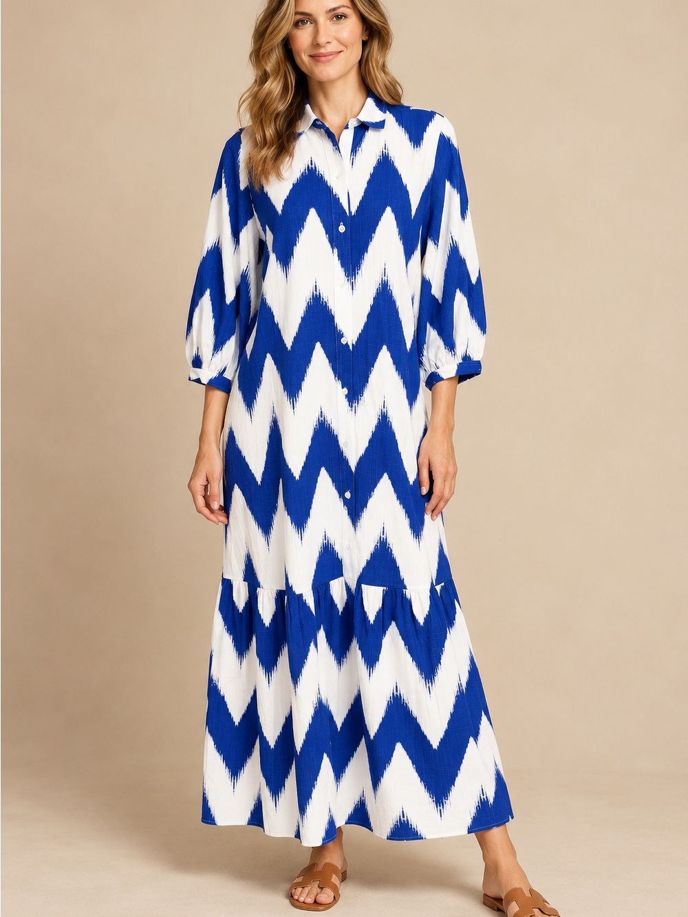 Chico's Blue and White Chevron Maxi Shirt Dress
